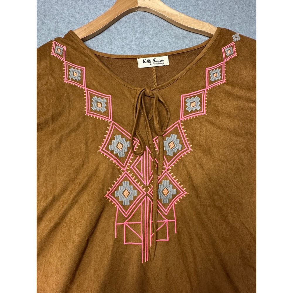 Selfie Couture by Trendology Brown Faux‎ Suede Embroidered Pom Pom Poncho Top